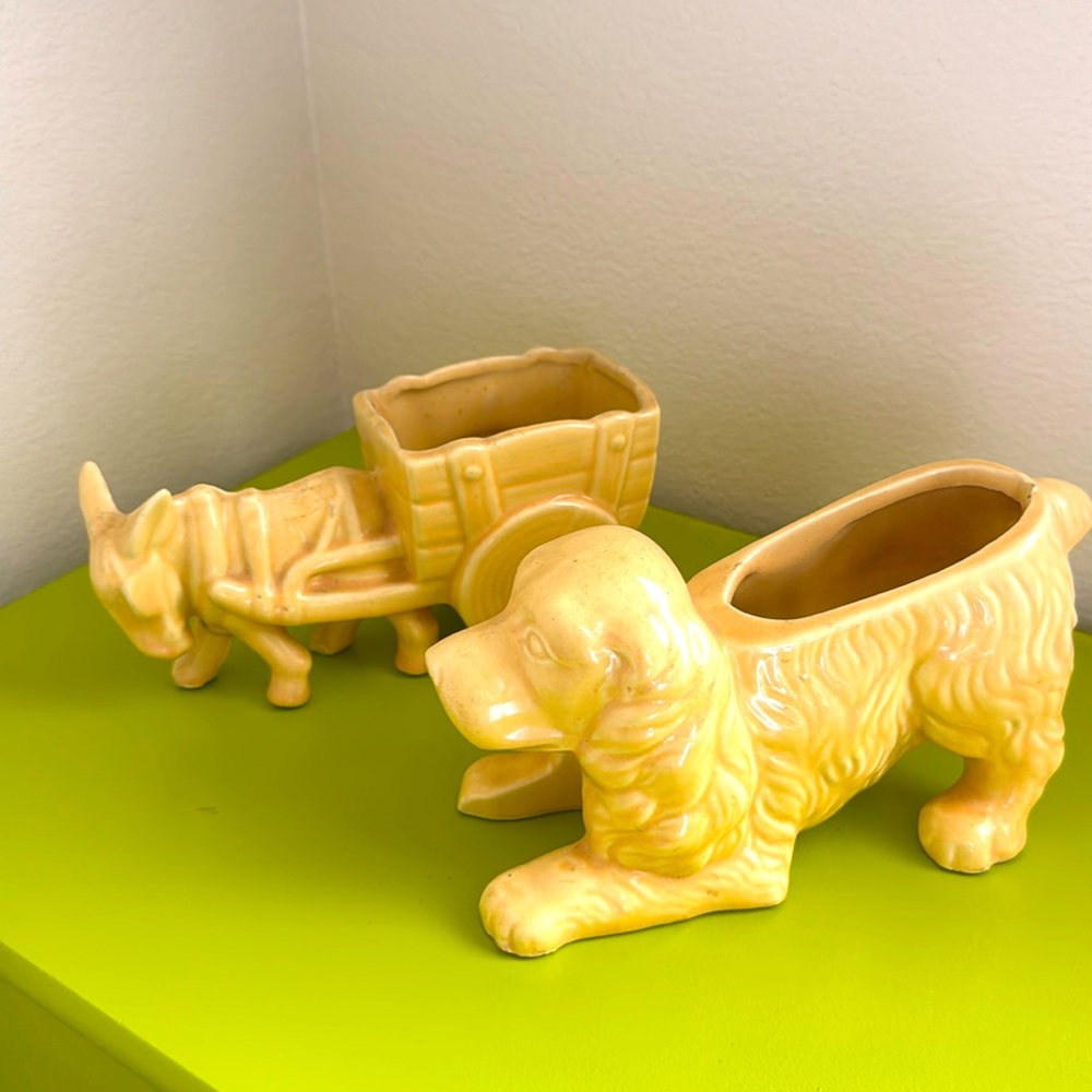 Shawnee cocker planter and McCoy donkey pulling cart planter